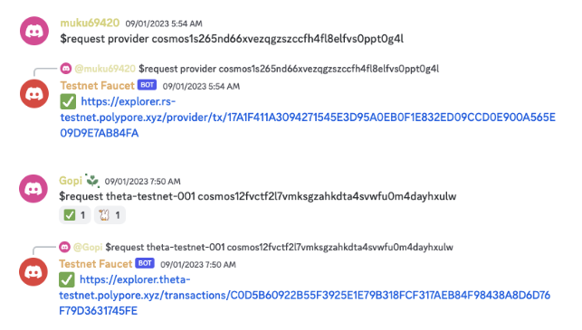 Screenshot of Discord chat with updated commands, 'request theta-testnet-001 wallet-address' and 'request provider wallet-address'.