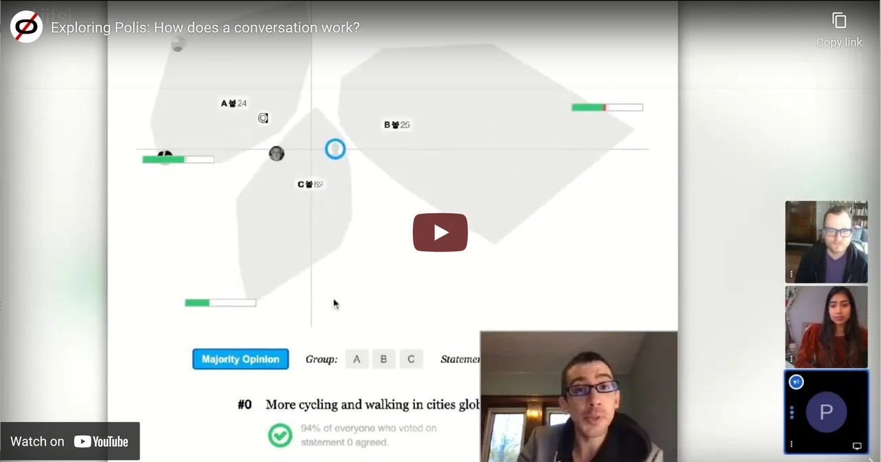 Thumbnail of youtube video with three people on video and a screenshare of a Polis page.