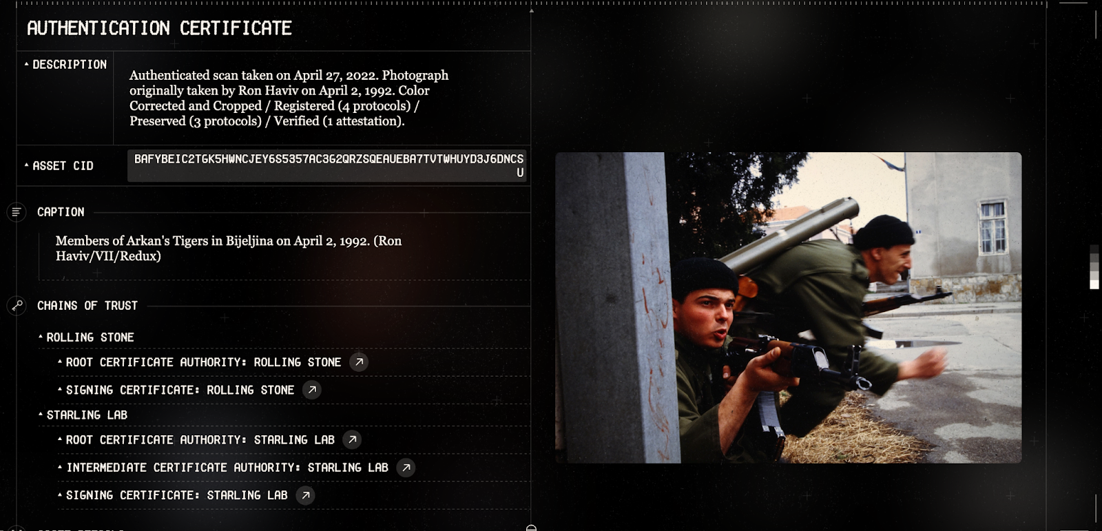 Screen cap from Rolling Stone magazine of soliders in the Bosnian War