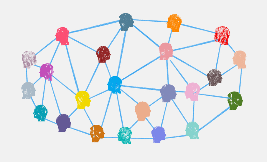 Illustration of multicolored head silhouettes connected by light blue lines, symbolizing a social network made of a diverse community.
