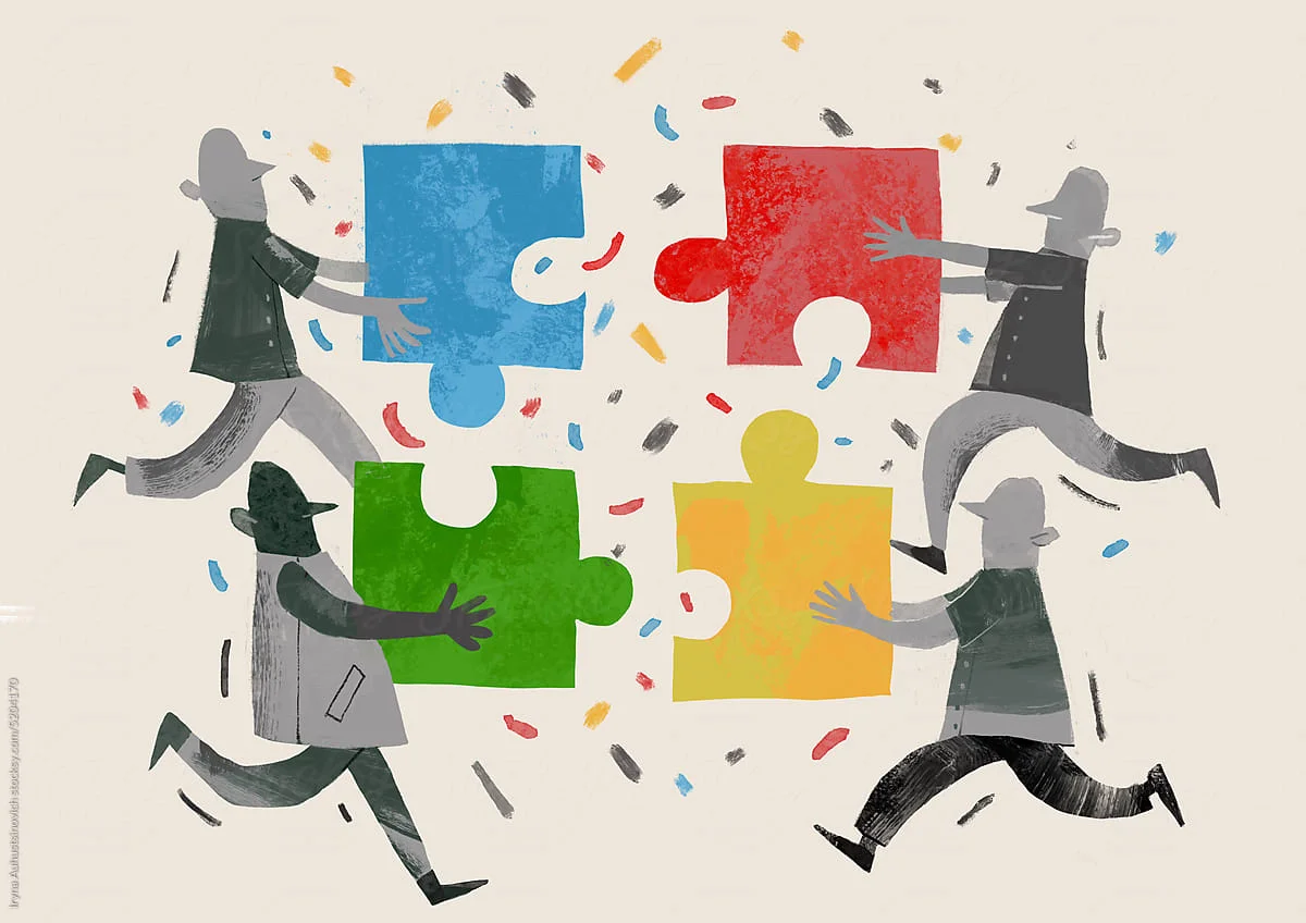 Illustration showing a group of businesspeople collaborating to assemble puzzle pieces, symbolizing teamwork and problem-solving