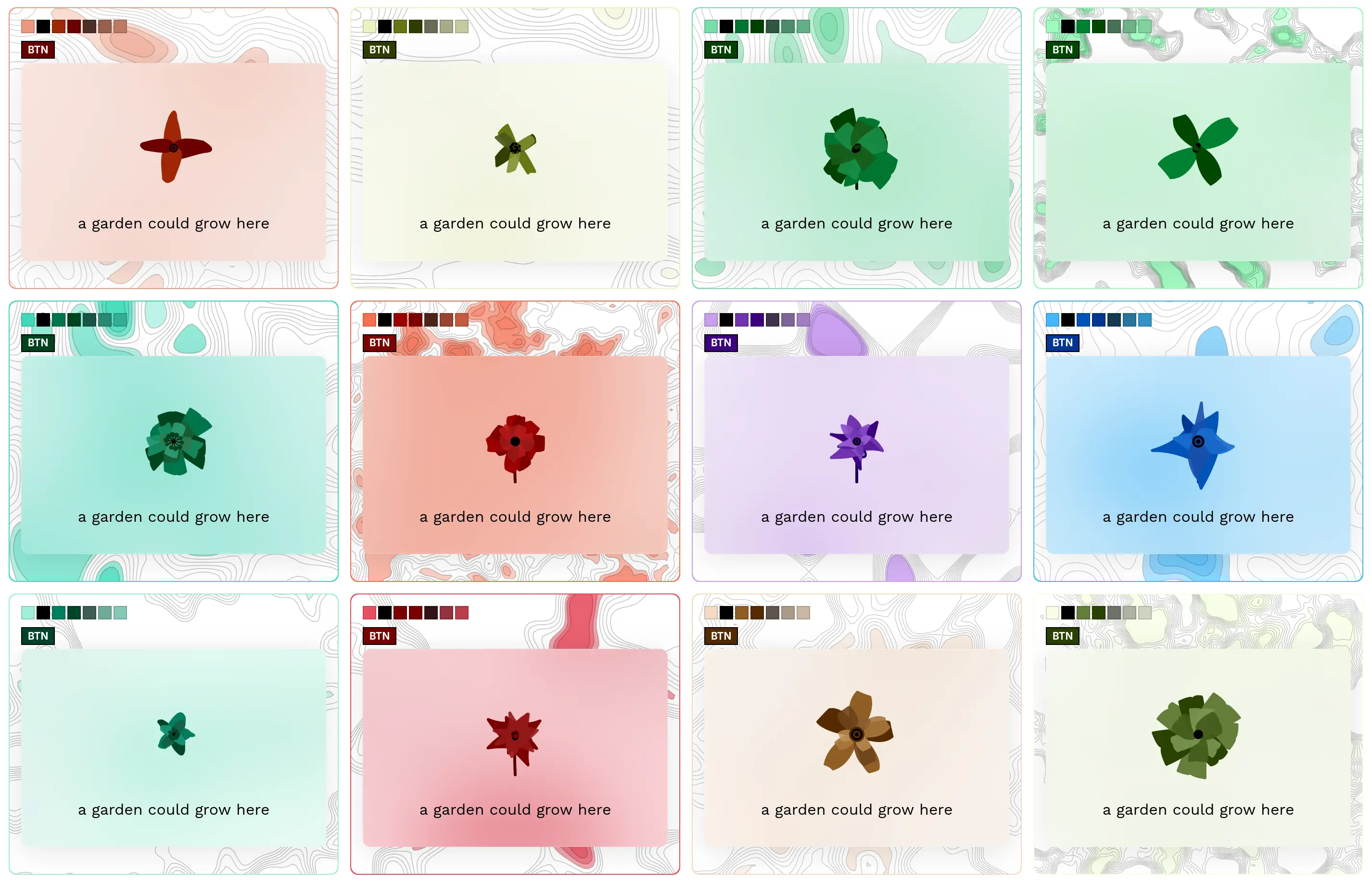 Screenshot showing unique garden themes and flower identicons on spores.garden
