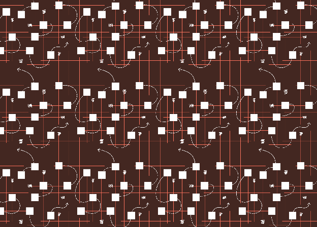 Abstract patterned illustration in dark red with scattered white squares.
