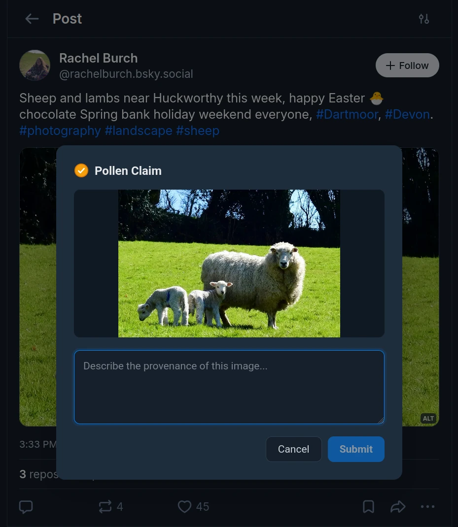 Darkened Bluesky post with a centered modal titled "Pollen Claim." The modal displays the same sheep-and-lamb photo above a large empty text box with the placeholder "Describe the provenance of this image..." Below are Cancel and Submit buttons, showing the interface for adding a provenance claim to the image.