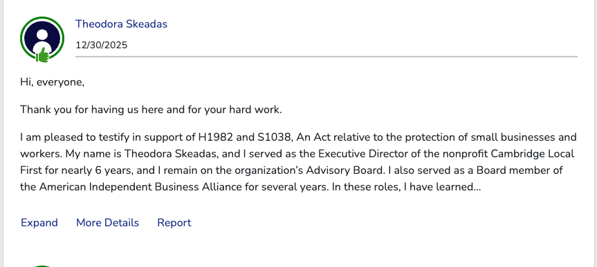 A piece of testimony in the MAPLE feed, posted by Theodora Skeadas, testifying in support of bills H1982 and S1038. The card shows the author's name, date, and the opening of their testimony, with Expand, More Details, and Report links beneath it.