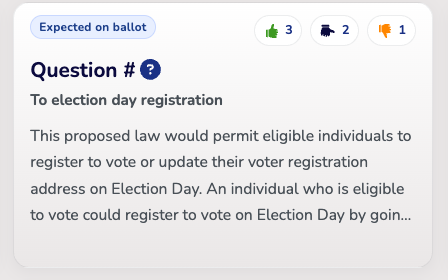 A ballot-question card in MAPLE, marked "Expected on ballot," with the shortened title "To election day registration" and a summary of the proposed law. Reaction counts for endorse, neutral, and oppose appear in the top-right corner.
